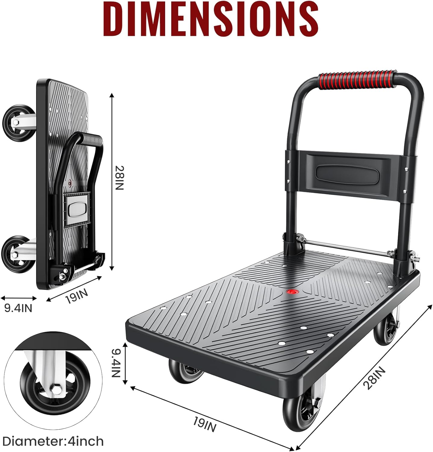 Upgraded Foldable Push Cart Dolly | 560 lbs.Capacity Moving Platform Hand Truck | Foldable for Easy Storage | 4'' PU 360 Degree Swivel Silent Wheel-Black