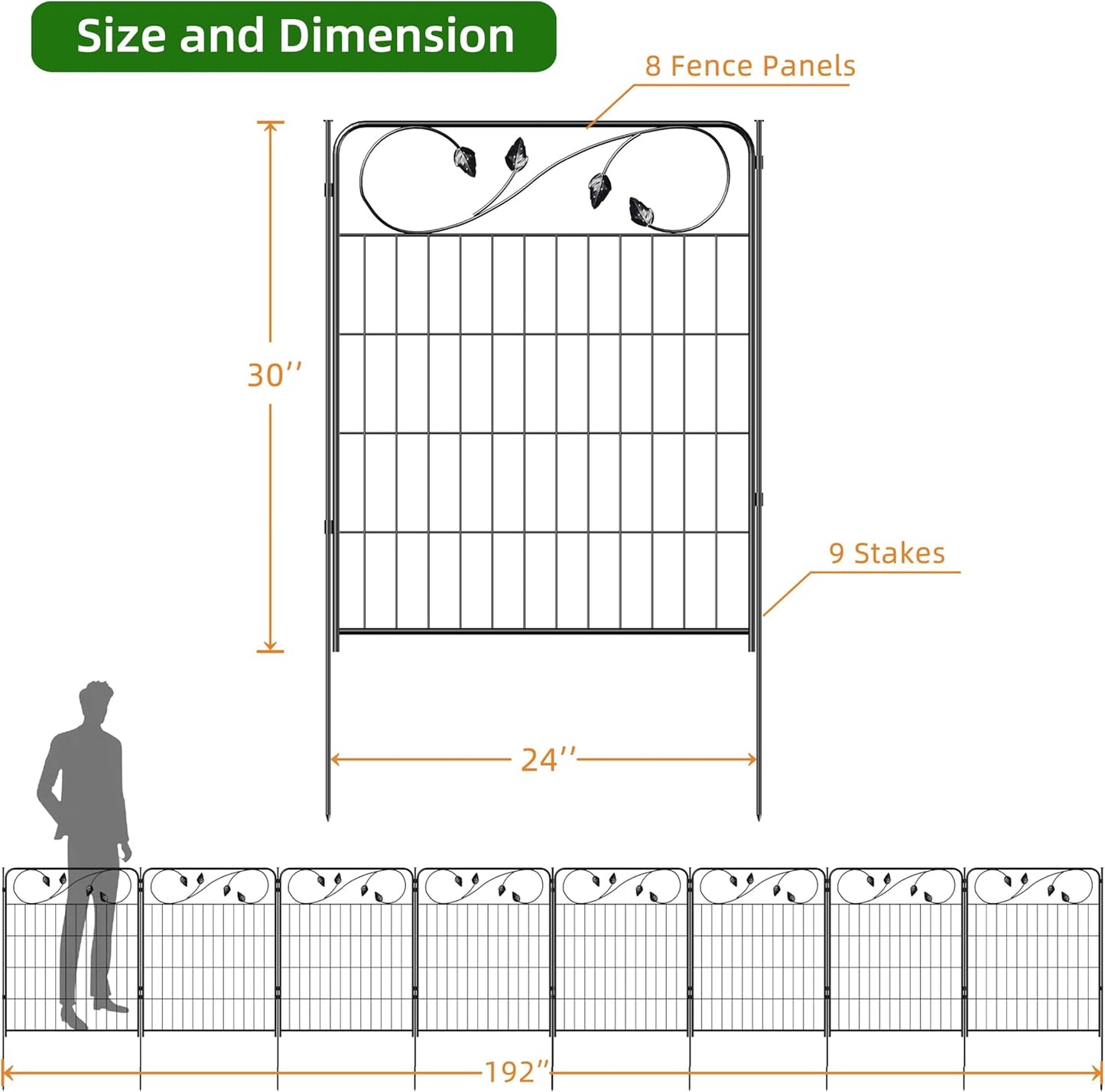 No Dig Decorative Garden Fencing 30in(H) X16ft(L) 8 Panels+9 Stakes Temporary Fence Metal Edging Patio Garden Fence Border for Flower Bed, Animal Barrier for Outdoor