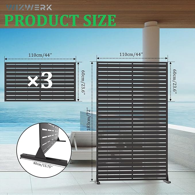 6FT Outdoor Metal Privacy Screen – Decorative Privacy Fence and Room/Garden Divider, Weather-Resistant Freestanding Panel with Stand, Durable Steel for Patio, Garden, Balcony, or Backyard