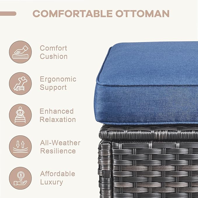 Swivel Patio Chairs sofa Set of 6 - 6" Thick Cushion - Wicker Outdoor Swivel Rocker Patio Chair ,Sofa/Glass coffee table, High Back Comfortable Outdoor Glider Chairs - Grey Wicker | Blue Cushions