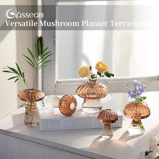 Glasseam Mushroom Plant Propagation Stations: Amber Glass Terrarium Jar Set of 5 Cute Planters for Indoor Plants Mini Propagate Station Unique Christmas Birthday Gifts for Women Home Office Decor
