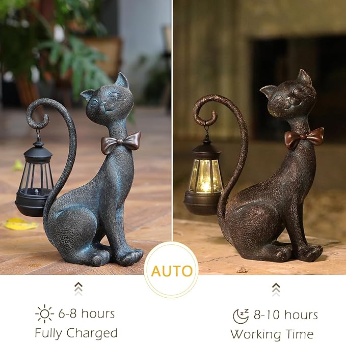 Whimsical Outdoor Cat Statues with Solar Garden Lantern:Cat Garden Statues for Outside Decor Clearance,Outdoor Figurine for Yard Art Lawn Ornaments Patio Balcony Home House - Valentines Birthday Gifts