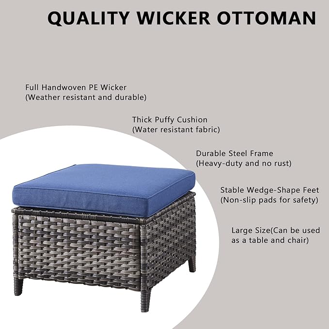 Rilyson Wicker Outdoor Patio Furniture Set - 4 Piece Patio Conversation Set with Swivel Rocker Chairs and Ottomans, 6 inch Cushions, High Back, Deep Seating, for Porch Deck Garden Mixed Grey/Blue