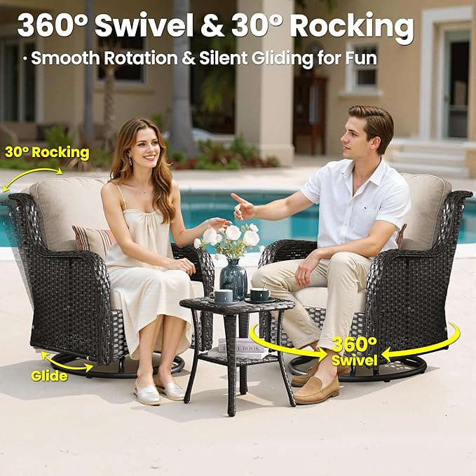 ovios 7 Pieces Patio Furniture Set, Outdoor Wicker Sofa Couch with Swivel Chairs 42" Fire Pit Table, High Back All Weather Modern Conversation Sets, Brown Rattan, Beige