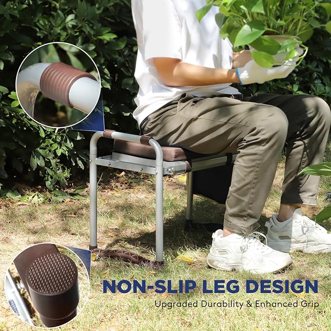 Foldable Garden Kneeler and Seat, Heavy Duty Garden Stool with 10" Wide Detachable Kneeling Pad, Portable Garden Bench Chair with Large Garden Tool Bag, Gardening Gifts for Women, Seniors, Mom