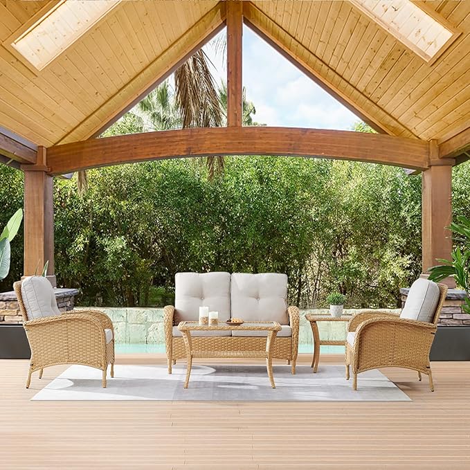 HUMMUH 4-Piece Patio Furniture Wicker Outdoor Conversation Set,All-Weather Rattan Outdoor Bistro Set with Loveseat Chairs Coffee Table for Backyard,Poolside,Deck