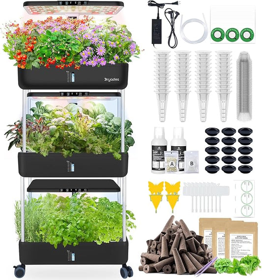 44-Pod Indoor Hydroponic Growing System + 3 Free Seeds Starter Kit (Lettuce, Salad Mixed, Basil Seeds) – Dual 53W Full-Spectrum LED, 10-L Water Tank, 2-Tier Grow Pods (66 Pods)