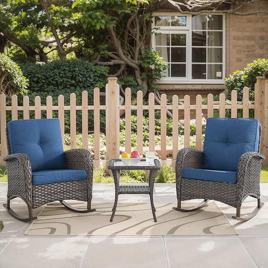 HUMMUH 3-Piece Outdoor Rocking Chairs,All-Weather PE Wicker Patio Rocker Chairs Bistro Set with Side Table,Porch Balcony Furniture with Cushions