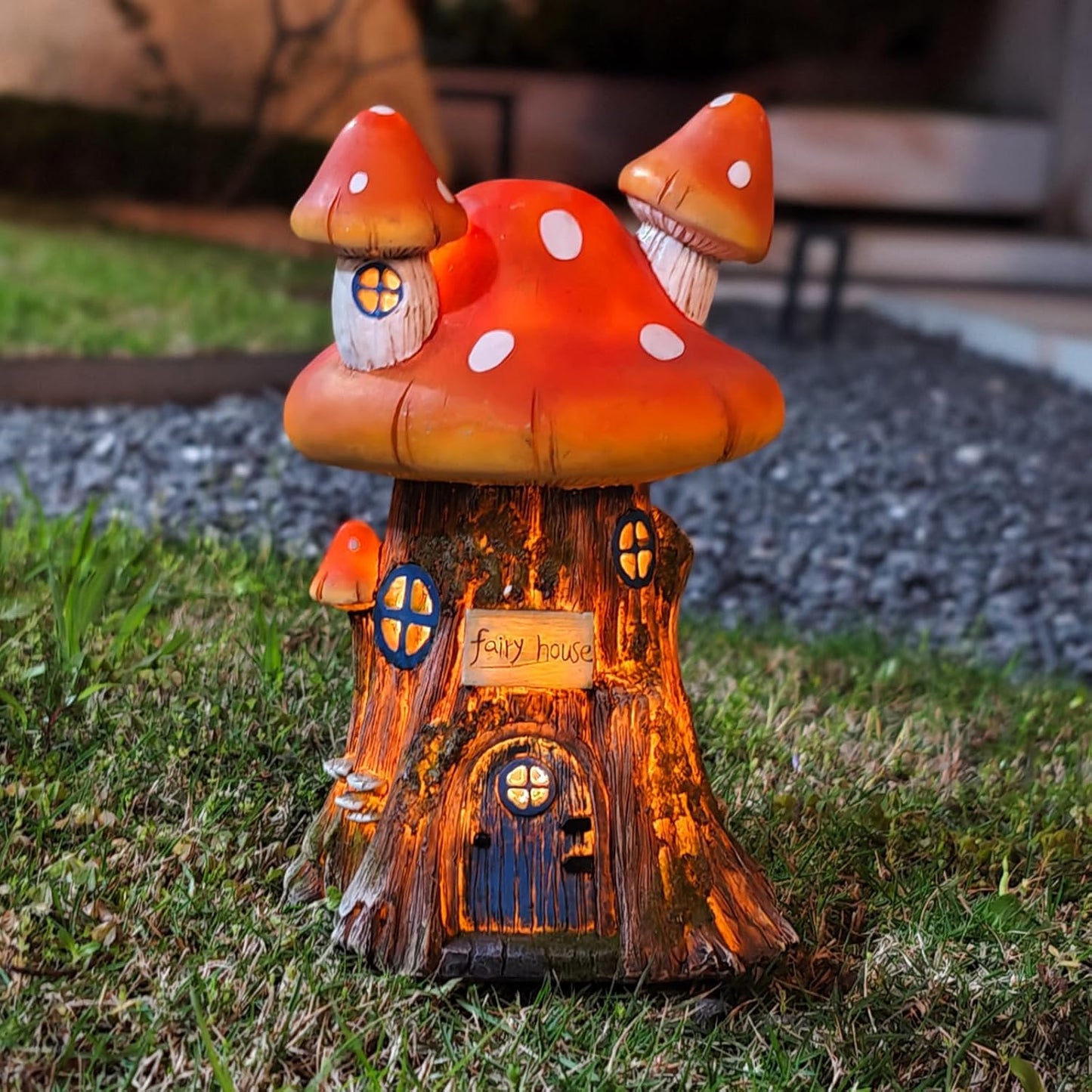 COWOS Mushroom House Sculptures, Collection of Resin Garden Sculptures, Resin Fairy House Statue, Solar Fairy Garden Figurine with Warm White Light Mushroom for Outdoor, Lawn, Yard Decoration
