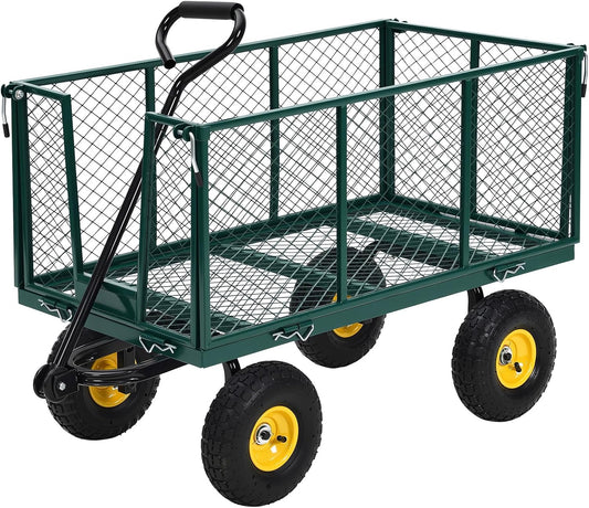 Heavy Duty Steel Garden Cart, 1100LBS Pullable Metal Garden Wagon with 10" Wheels, 180° Rotating Handle and Removable Sides for Outdoor, Farm, Yard, Beach ﻿