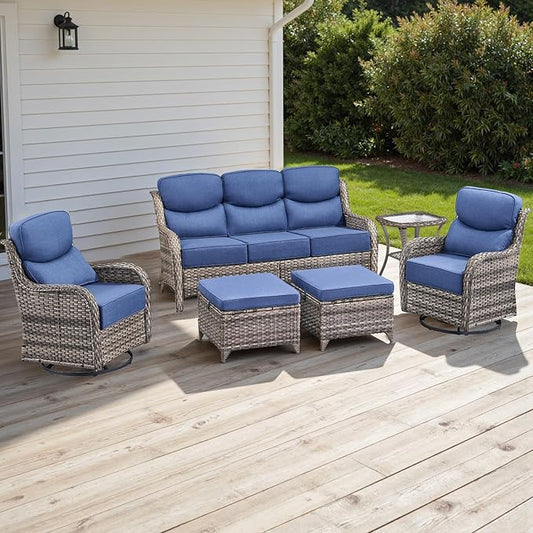 Wicker Outdoor Patio Furniture Sets - 6 Piece Patio Conversation Set with Swivel Rocker Chairs, Ottomans, Sofa and Side Table, 6 inch Cushions, Waterproof Wicker, for Porch Deck Mixed Grey/Blue