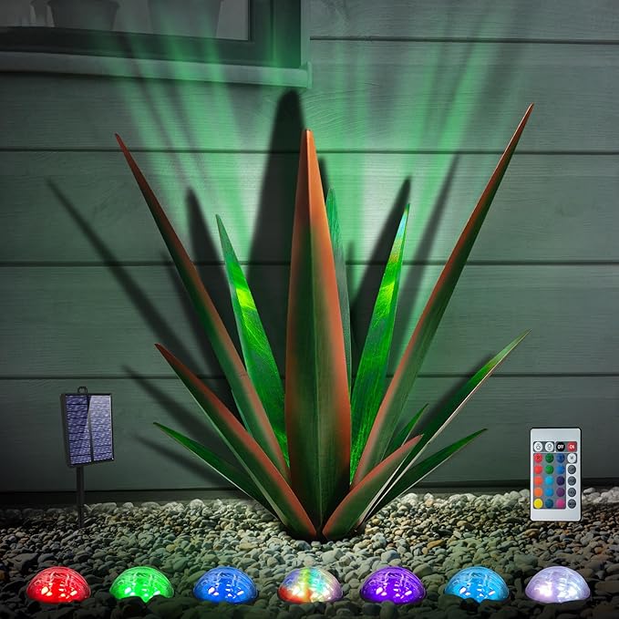 Large Tequila Rustic Sculpture, Rustic Metal Agave Plants for Outdoor Patio Yard, Home Decor Hand Painted Metal Agave Garden Yard Statue, Outdoor Lawn Ornaments (Green - L (W/Solar Light))
