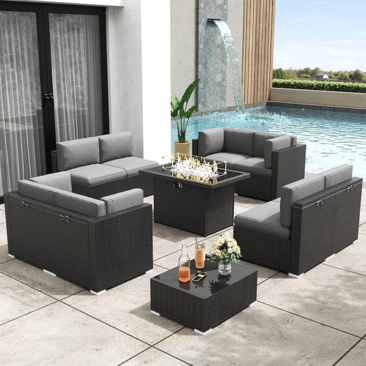 Patio Furniture Set with Fire Pit Table, 10 Pieces Outdoor All-Weather Wicker Conversation Sectional Chair Sofa Set
