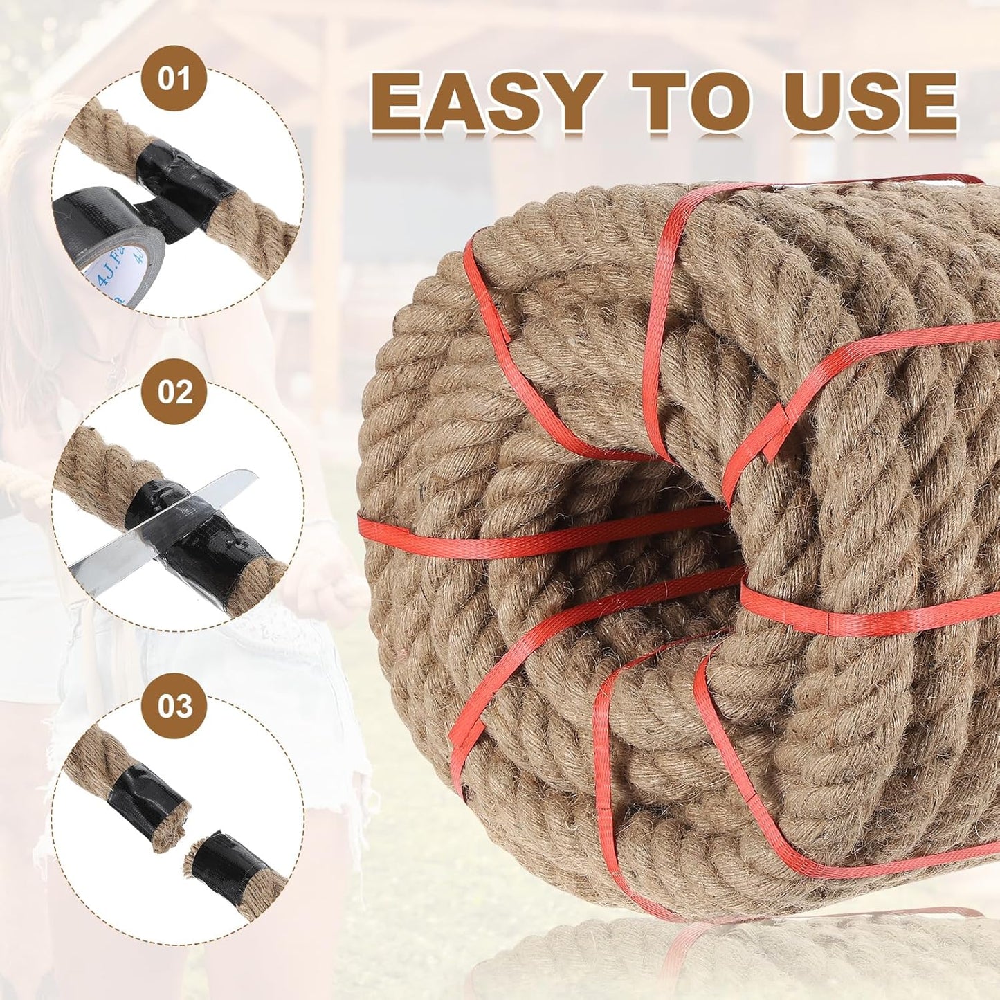 MECCANIXITY Jute Rope 2 Inch x 49ft, Thick Twine Rope Ropes Braided Jute Twine Natural Brown Burlap Cord String Heavy Twisted with Tapes for Decorative Crafts Railing Swing Tug of War