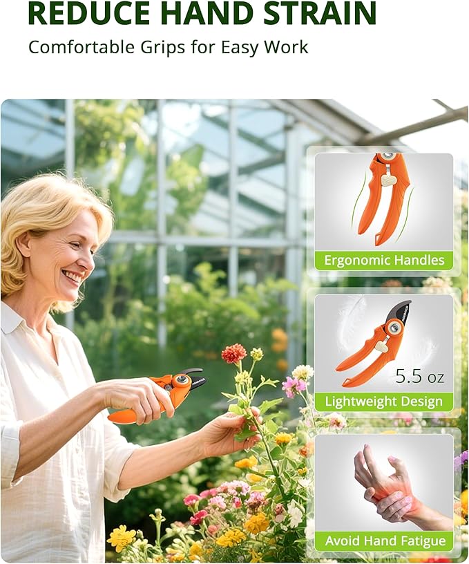 Pruning Shears, Garden Shears - 6.9" Garden Clippers, Gardening Scissors with Rust Resistant SK5 Stainless Steel Blade, Cuts 3X Easier, Weak Hand Arthritis Pruners for Gardening - Orange