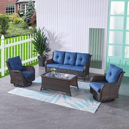 HUMMUH 4 Pieces Outdoor Furniture Patio Furniture Set Wicker Outdoor Sectional Sofa with Swivel Rocking Chairs,Outdoor Coffee Table,Brown/Blue
