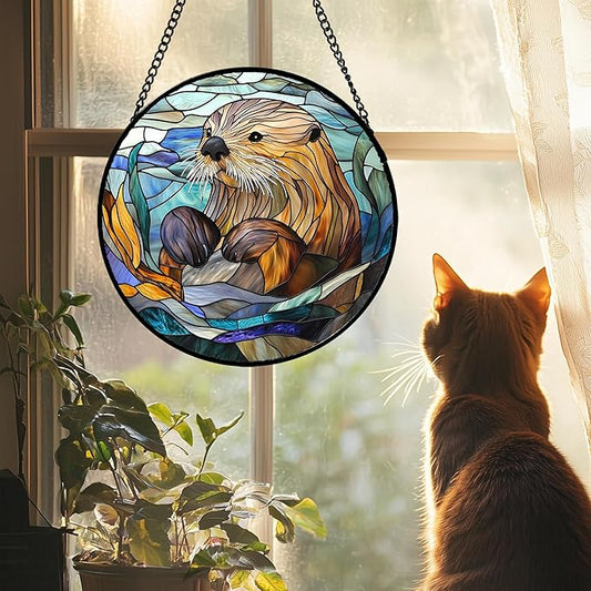 Stained Glass Suncatcher, Blue Ocean Cute Sea Otter Sun Catcher Stain Glass Window Hanging Decoration Mother's Day Birthday Gifts for Women Men Mom Nana 6.3 in