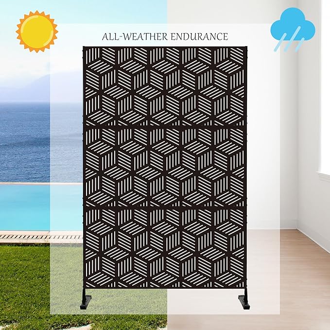 Kozyard Metal Privacy Screen 74" H x 47.2" W Decorative Outdoor Divider with Stand Panels Freestanding Screen Set for Deck Patio Balcony Garden Outdoor&Indoor(Black/Cube)