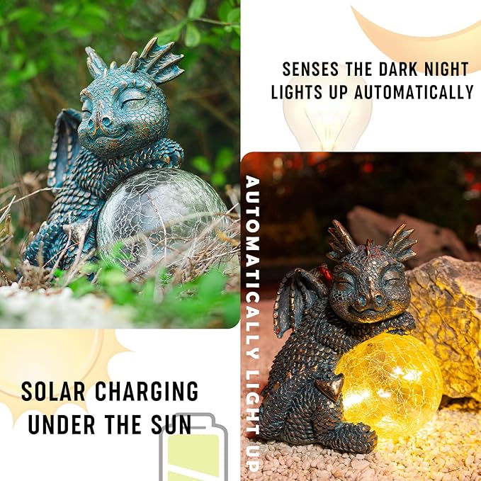 WONDER GARDEN Dragon Statue - Sleeping Dragon Figurines Solar Light Resin Garden Statues with Crackled Glass Globe Outdoor Waterproof Lawn Ornament Decor