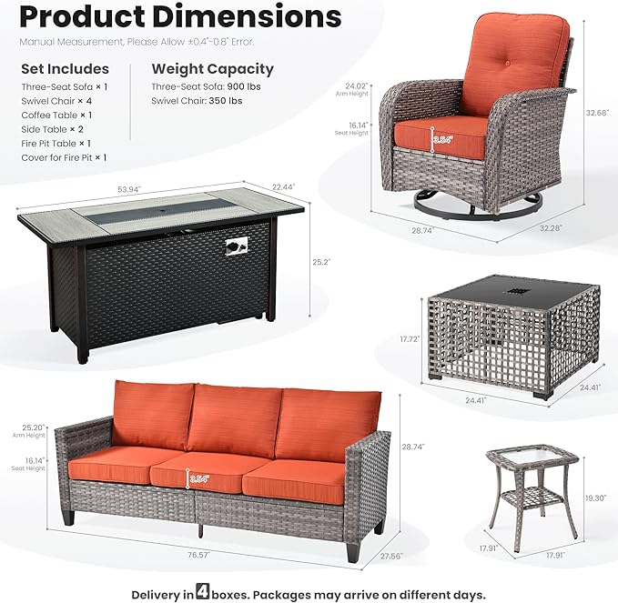 ovios 9 Pieces Patio Furniture Set, Outdoor Wicker Sofa Couch with Rocking Swivel Chairs Fire Pit Table, Modern Deep Seat Rattan Conversation Sets for Porch Deck, Orange Red