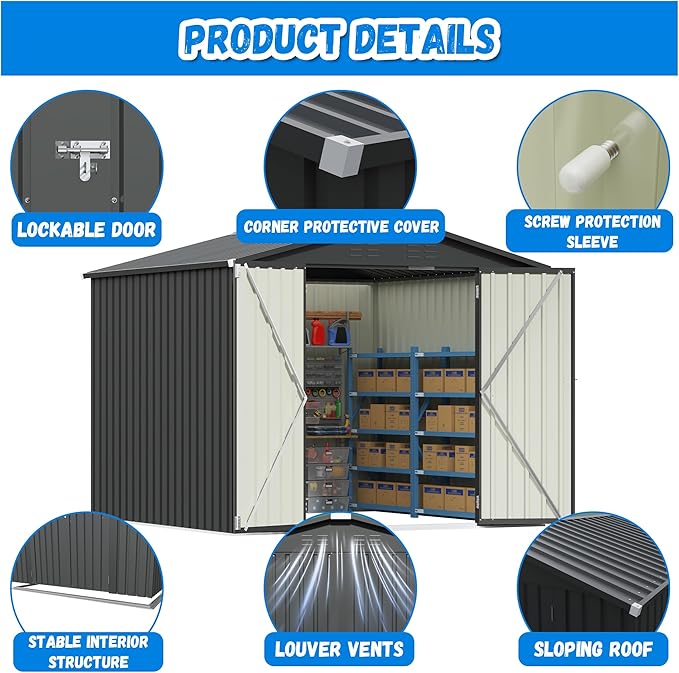 Greesum 8x8FT Outdoor Storage Shed, Utility Tool Shed Metal Storage Garden Shed with Door & Lock for Patio Storage, Black