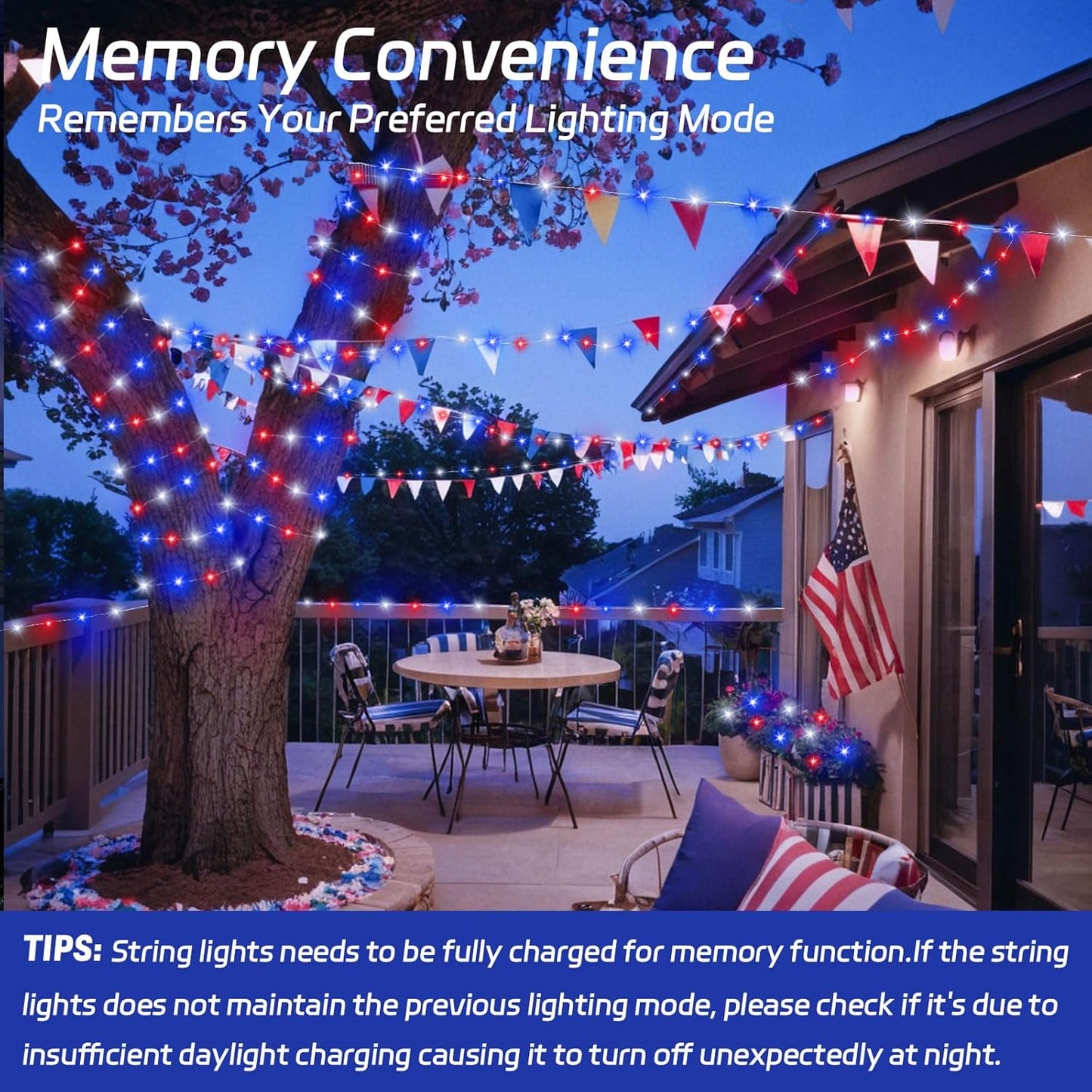 Red White and Blue Solar Fairy Lights, 4th of July Lights Waterproof Outdoor 16.4ft 50LED 8 Modes Memory Function Independence Day Memorial Day Decorations