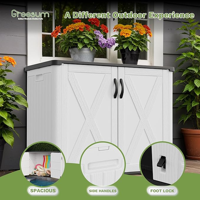 Greesum Outdoor Storage Cabinet, 25 Cu.Ft Deck Box Without Shelves, Waterproof Plastic Storage Bin for Patio Cushions, Gardening Tools, Lockable and Sidehandles, UV Resistant, White