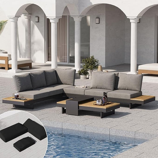 homary 6 Piece Aluminum & Teak Outdoor Sofa Set, Patio Conversation Sets Modular Outdoor Sofa with Covers, Waterproof, Fade Resistant Cushions Ideal for Patios & Balconies