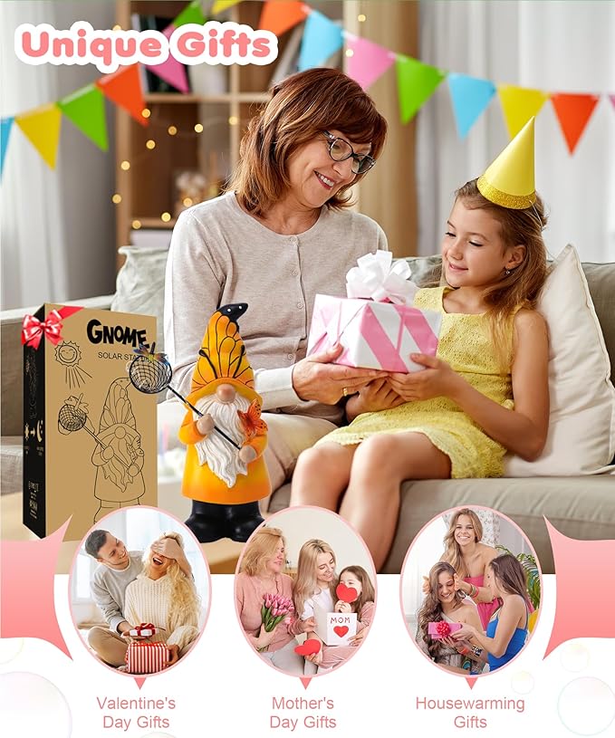 Solar Gnome Statues Outdoor Decor: Garden Figurines Sculpture with Glowing Butterfly and Catching Dragonfly for Yard Porch Patio Balcony - Gifts for Mother Grandma