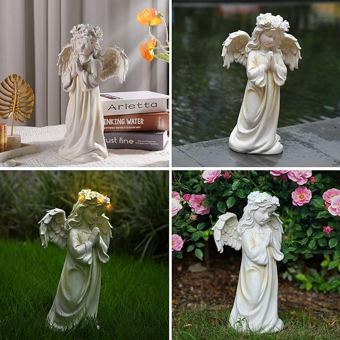 Angel Garden Statue,Memory Guardian Solar Garden Decor with Warm Light,Waterproof Outdoor Garden Decor Praying Angel Figurine Sculpture for Lawn Yard Patio,Sympathy Gift,White