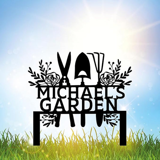 Custom Metal Garden Tools Sign with Stakes, Personalized Garden Name Sign, Yard Art, Patio Decorations, New Home Gift, Garden Decorative, Gardening Tools Sign for Outdoor, Large Housewarming Gift