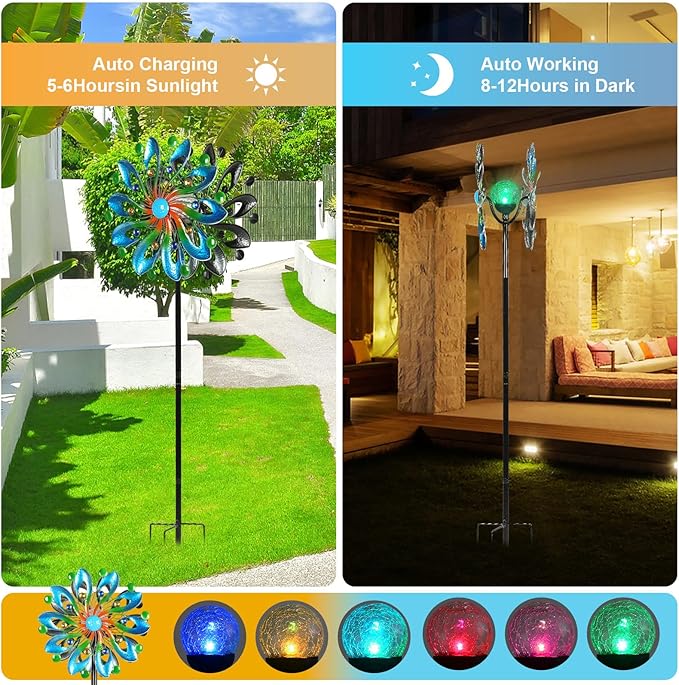 Wind Spinners for Yard and Garden-Wind Sculptures & Spinners 75 in Garden Kinetic Art with Solar Powered Multi-Color Glass Ball Light for Yard Garden Backyard Lawn Decorations