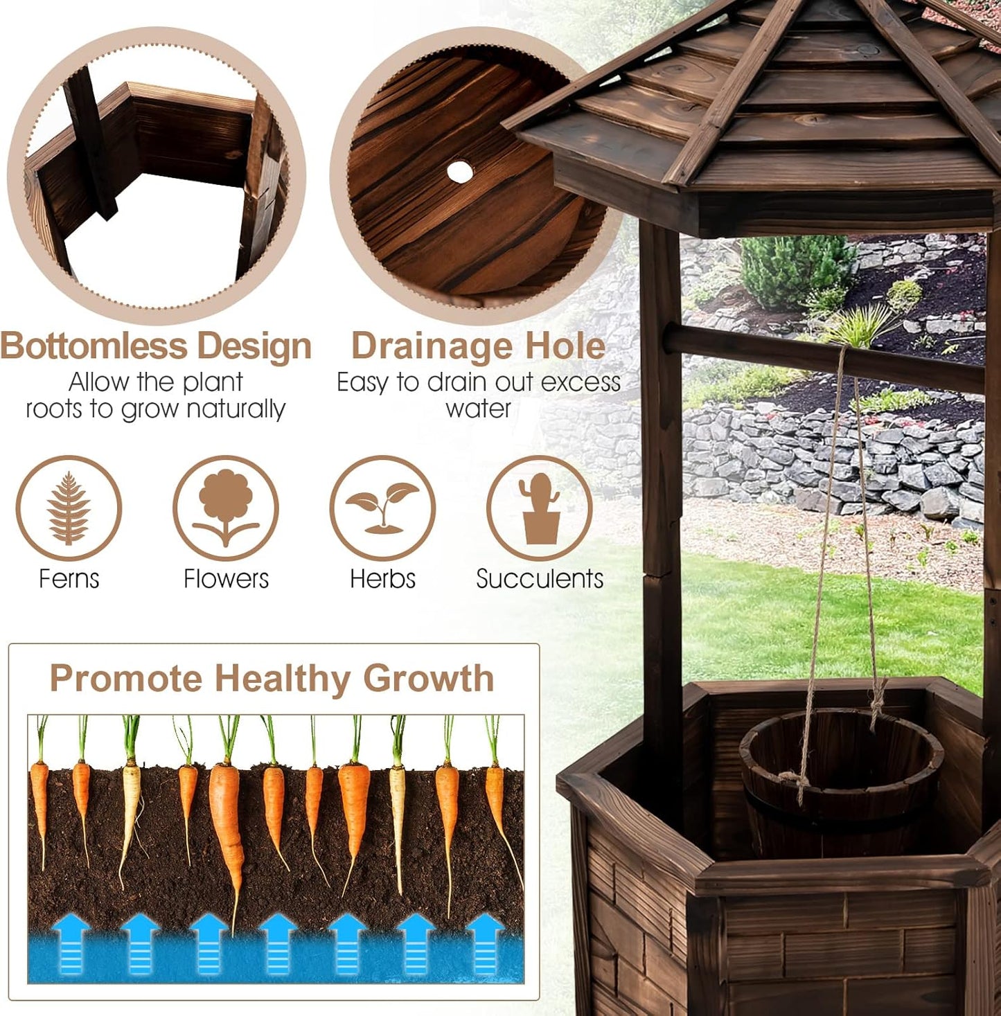 Giantex Rustic Wooden Wishing Well Planter with Hanging Bucket, Roof Shadow, Reinforced Rod, Wishing Wells for Outdoors Backyard Patio Garden Outside Decor