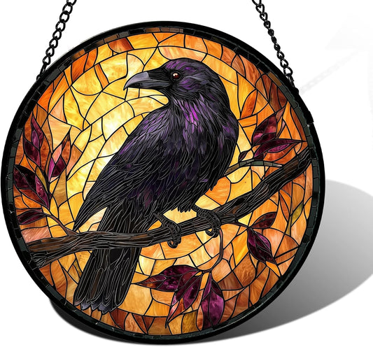 Stained Glass Window Hanging - Crow on a Branch Suncatcher Ready to Hang Window Doors Home Decoration and Christmas, Mother's Day Birthday Gifts for Women, Men, and Mom 9.8x9.8 in