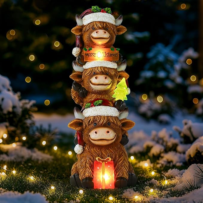Christmas Highland Cow Decor with Solar Light Triple Highland Cow Christmas Decorations Gifts for Women Mom Funny Highland Cows Garden Statues for Garden Patio Lawn Yard Decor
