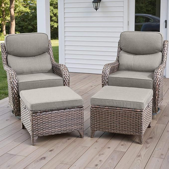 Rilyson Wicker Outdoor Patio Furniture Set - 4 Piece Patio Conversation Set with Swivel Rocker Chairs and Ottomans, 6 inch Cushions, High Back, Deep Seating, for Porch Deck Garden Brown/Beige