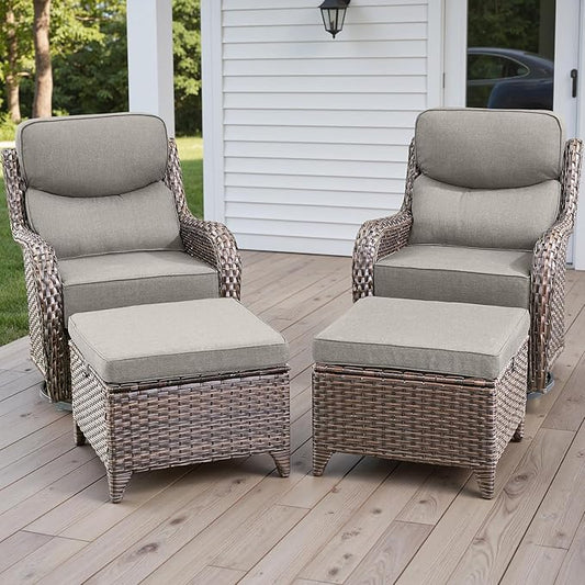 Rilyson Wicker Outdoor Patio Furniture Set - 4 Piece Patio Conversation Set with Swivel Rocker Chairs and Ottomans, 6 inch Cushions, High Back, Deep Seating, for Porch Deck Garden Brown/Beige