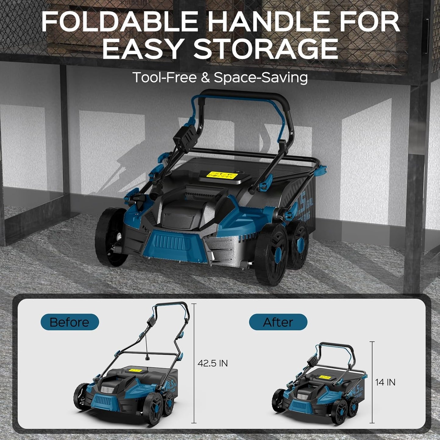 2025 Upgrade 16-Inch 15.5 Amp 2-in-1 Electric Dethatcher and Scarifier with 14.5-Gallon Collection Bag, Lawn Dethatcher with 5-Position Depth Adjustment, Keeps Lawn Healthy - Steel Blue