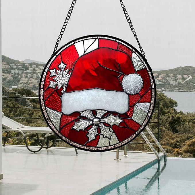 Stained Glass Window Hanging 4 Pcs Set Red Christmas Decorations Theme Large 11.8" - Suncatcher Door Garden Sun Catcher Decor Birthday for Mom Woman Nana Men Friend Wife