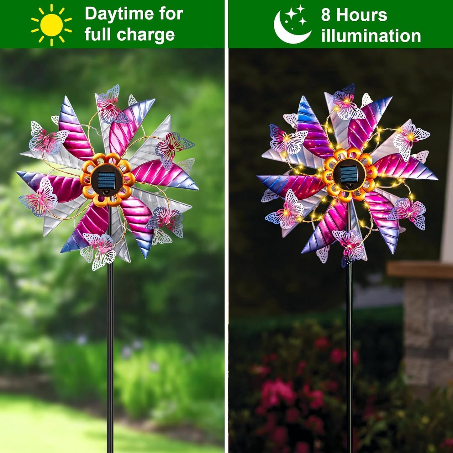 Solar Wind Spinner Outdoor, 360° Metal Large Butterflies Wind Sculpture with Outdoor Kinetic Windmills with Vine String LED Lights for Decor Garden Patio, Lawn & Yard