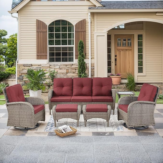 HUMMUH 6 Pieces Outdoor Patio Furniture-PE Rattan Wicker Sofa with Patio Swivel Rocking Chairs Patio Furniture for Deck Lawn Porch Balcony Poolside-Grey/Red