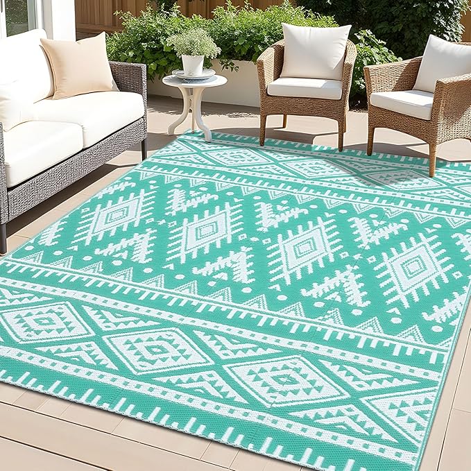 OLANLY Outdoor Rug Waterproof 4x6 ft, Reversible Outdoor Plastic Straw Rug, Boho Patio Rug, Indoor Outdoor Carpet, RV Mat Outside for Patio, Camp, Picnic, Balcony, Deck, Backyard, Turquoise & White