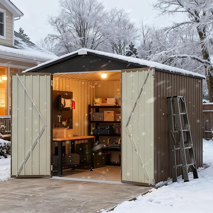 Greesum 8x8FT Outdoor Storage Shed, Utility Tool Shed Metal Storage Garden Shed with Door & Lock for Patio Storage, Brown