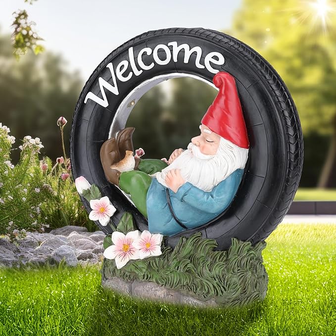 WONDER GARDEN Gnome Garden Decor for Outside - Welcome Gnome Solar Powered LED Light Outdoor Decor, Gnomes Statues Outdoor Funny Resin Garden Sculpture Decorations for Patio, Lawn