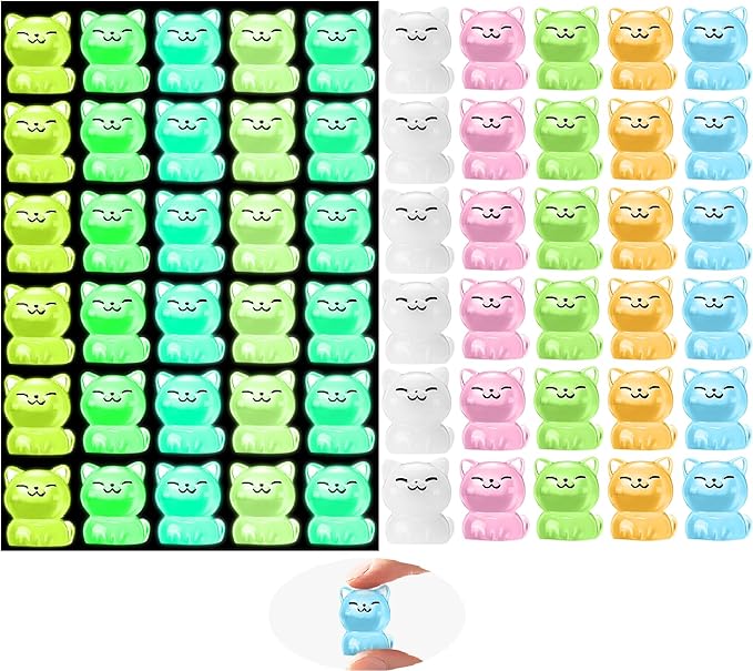 60Pcs Mini Cat Figurines Luminous Miniature Cute Resin Animals Glow in The Dark Tiny Cat to Hide Landscape Decoration Resin Figures DIY Accessories Ornament Craft Party Cake Topper