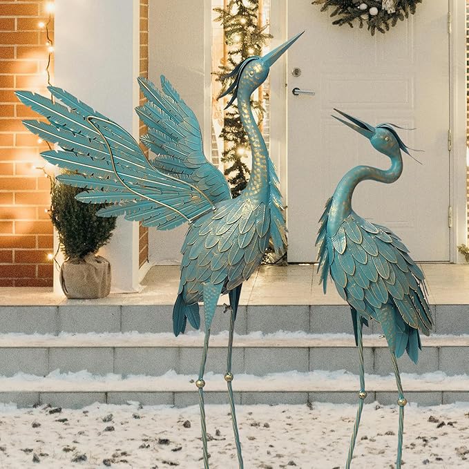 Crane Statues for Outdoor, Metal Heron Garden Statues Bird Yard Art, Standing Sculptures for Yard Lawn Pond Garden Decor, 38-42 Inch Set of 2, Cyan