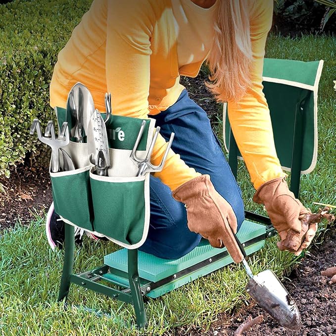 TomCare Upgraded Garden Kneeler Seat Widen Soft Kneeling Pad Garden Stools Garden Bench with 2 Large Tool Pouches Outdoor Foldable Gardening Gifts for Women Men Gardeners, Green