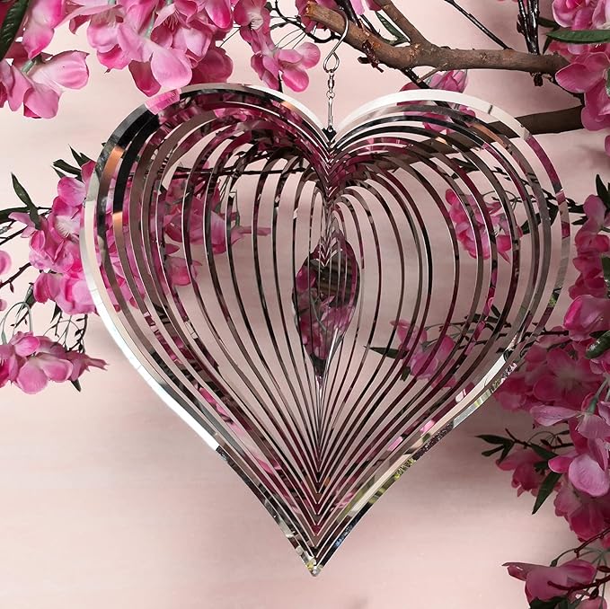 DJUAN Wind Spinner Outdoor Metal Decorations,Silver Heart Wind Spinners for Yard and Garden,Stainless Steel Wind Chimes for Outside Decor,Birthday Gifts for Mom,Mother's Day,Aunt Gifts