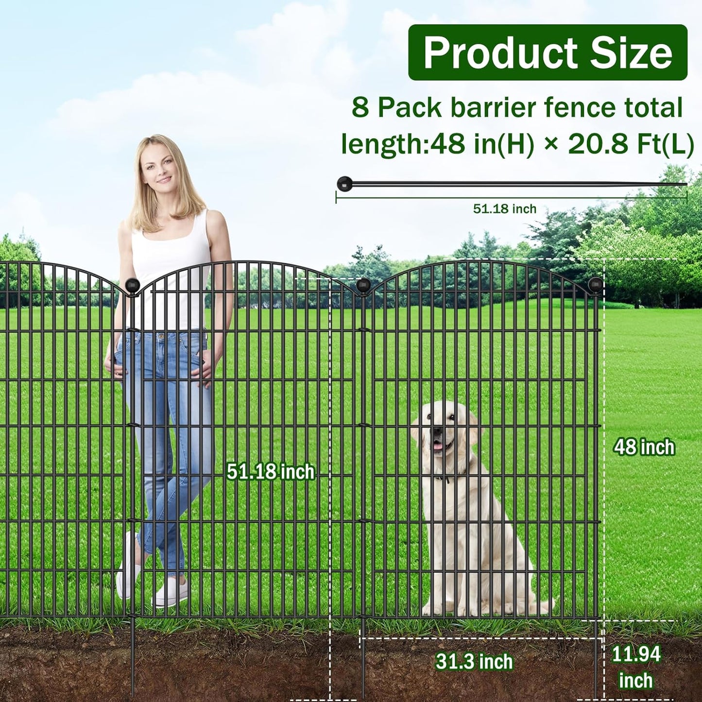 No Dig Decorative Garden Fence 8 Panels, 48 in (H) x 20.8 ft (L), Dog Fence Outdoor for Yard, Rustproof Metal Animal Barrier Ground Stakes Fencing for Garden, Patio, Flower Bed