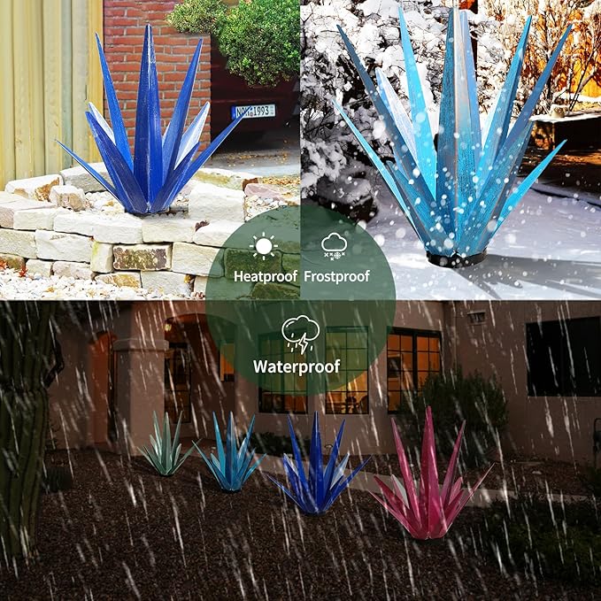 Large Tequila Rustic Sculpture, Rustic Metal Agave Plants for Outdoor Patio Yard, Home Decor Hand Painted Metal Agave Garden Yard Statue, Outdoor Lawn Ornaments Yard Stakes (Dark Blue - M)